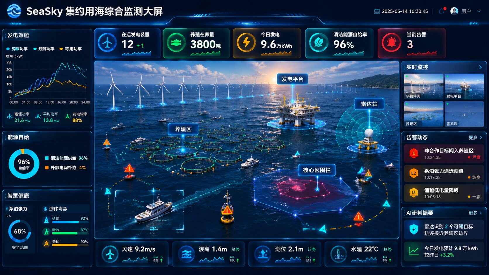 集约用海综合监测大屏界面示意（发电效能、能源自给、装置健康、告警研判）